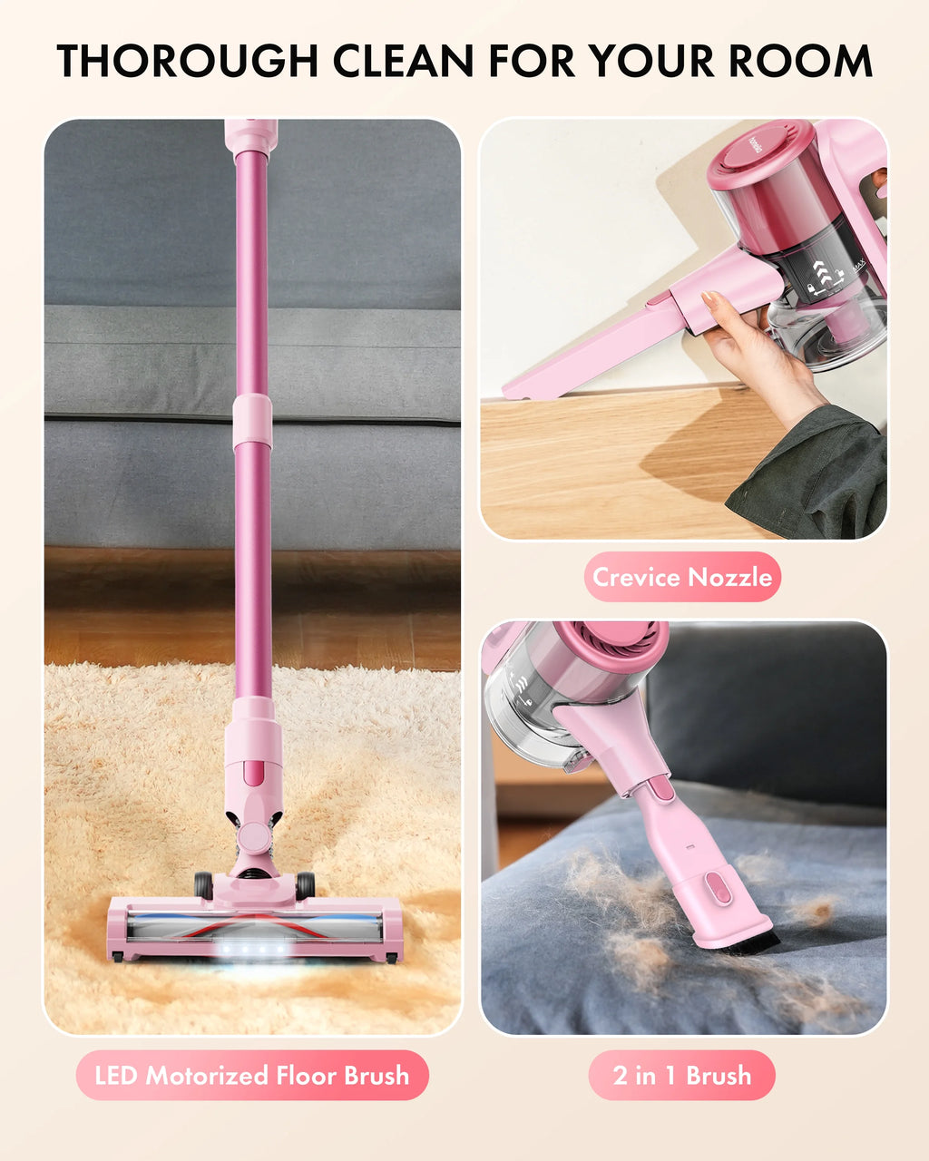 Homeika H320 Cordless Vacuum Cleaner, 28KPA Powerful Suction 8-in-1 Multi-Tool 55min Runtime LED Motorized Brush One-Click Dust Emptying for Pet Hair and Allergies,Pink