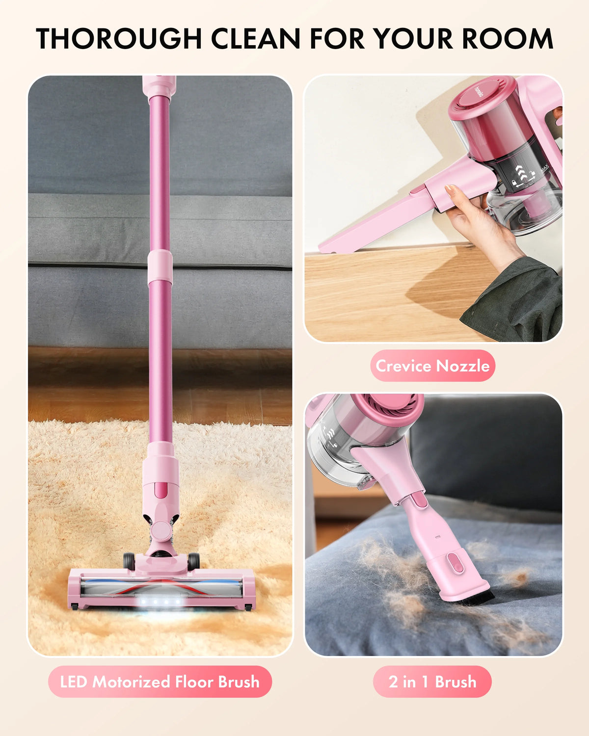 Homeika H320 Cordless Vacuum Cleaner, 28KPA Powerful Suction 8-in-1 Multi-Tool 55min Runtime LED Motorized Brush One-Click Dust Emptying for Pet Hair and Allergies,Pink