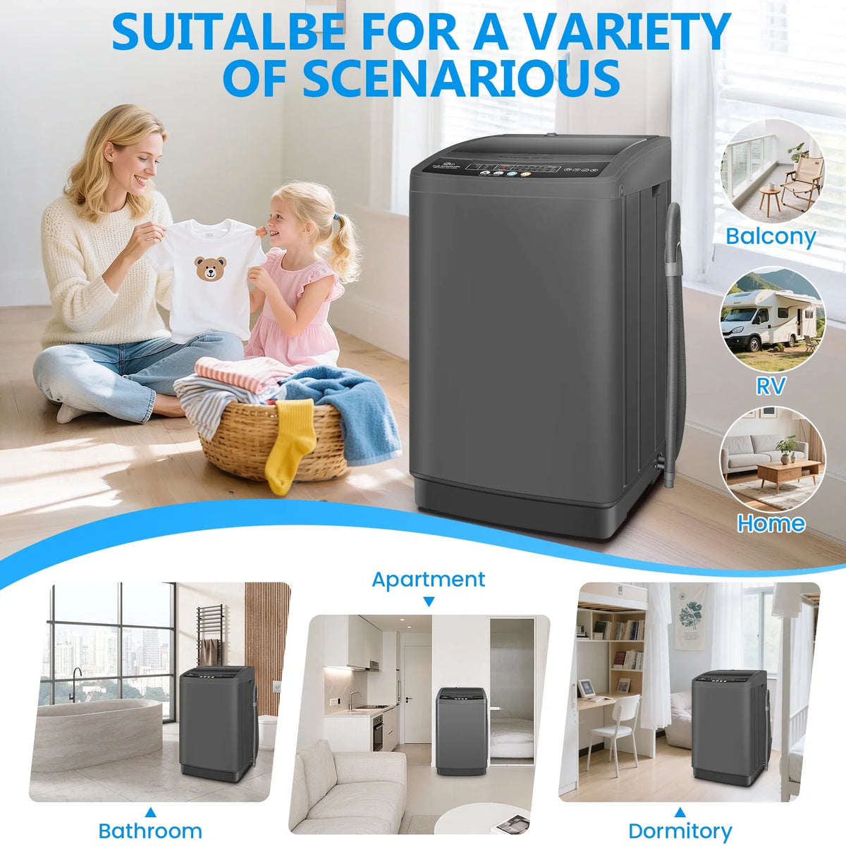 Veeboto Portable Washing Machine, 18.7Lbs Capacity Portable Washer with Drain Pump, 10 Wash Programs/8 Water Levels/LED Display, Full-Automatic Compact Laundry Washer for Apartment, Dorm, Home