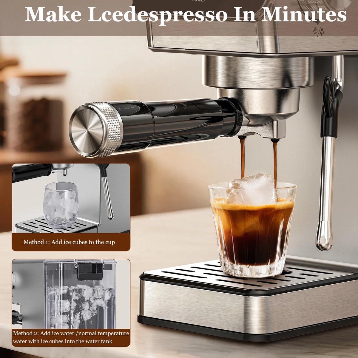 Espresso Machine 20 Bar, Rapid Cold Brew, Stainless Steel Coffee Machine with 40oz Removable Water Tank for Cappuccino, Latte, Silver