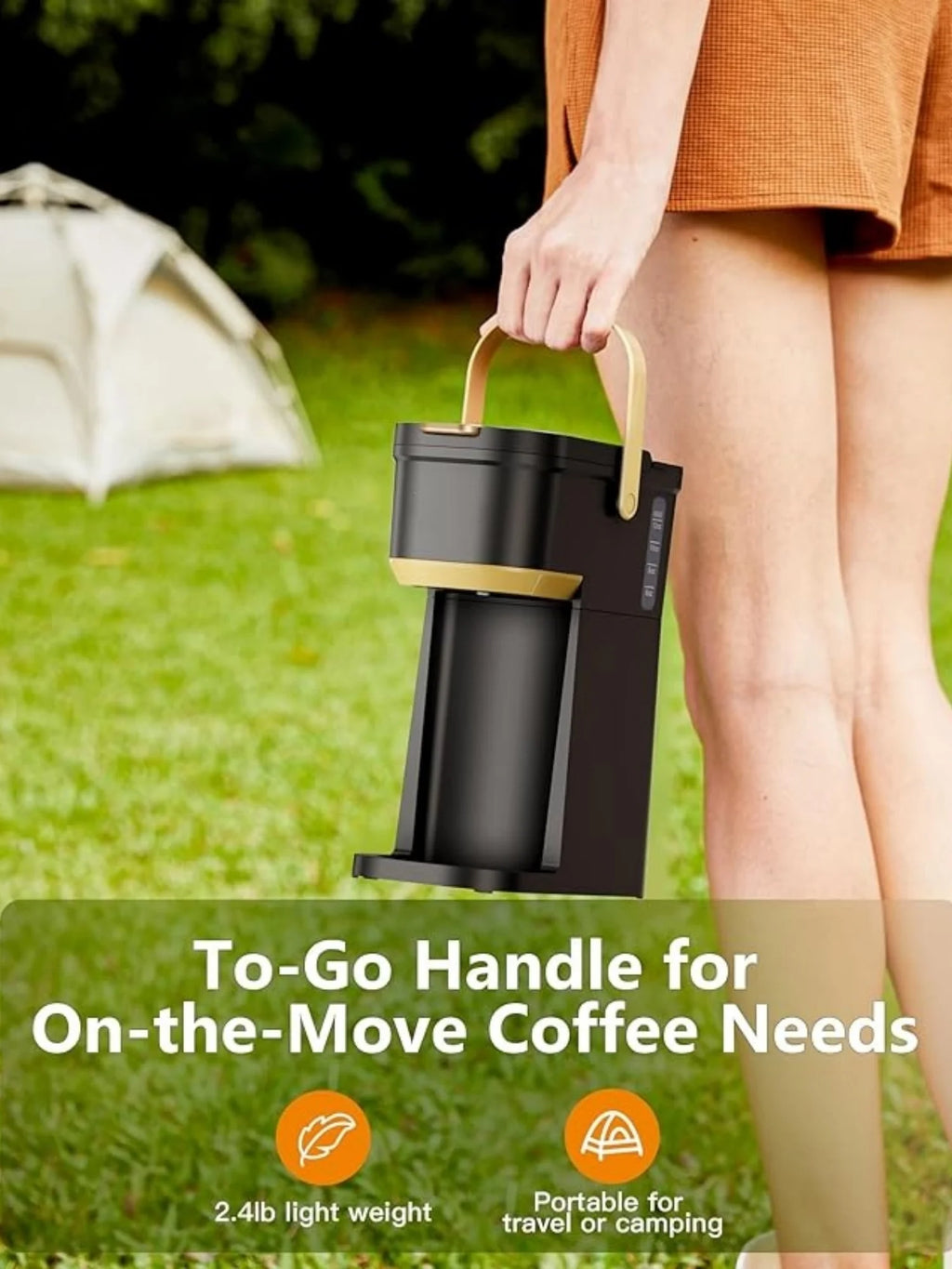Single Serve One Cup Coffee Maker, for K Cups and Grounds, Mini Coffee Maker with Portable Handle, 6 to 12 Oz Brew Size, for Travel, Camping, Office, RV and Dorm, Black and Gold