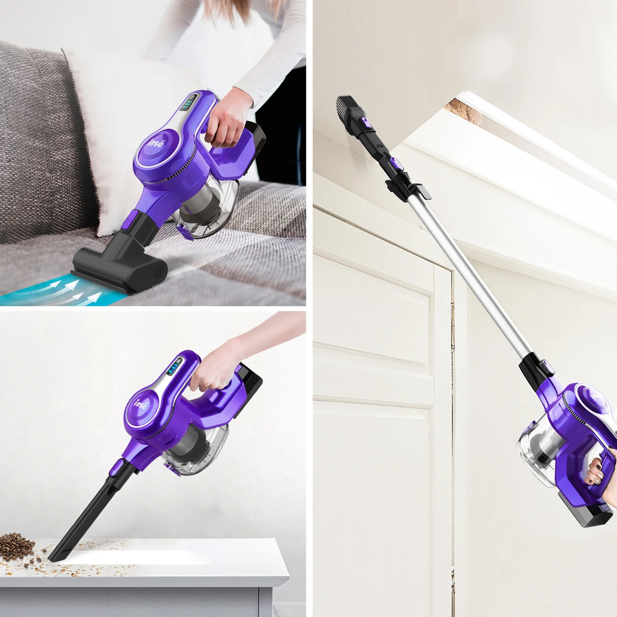 INSE Cordless Vacuum Cleaner, 30kPa 300W Powerful Suction Stick Vacuum Cleaner up to 45min Runtime, Rechargeable Battery Vacuum, 8-in-1 Lightweight Vacuum for Carpet Hard Floor Pet Hair, Purple