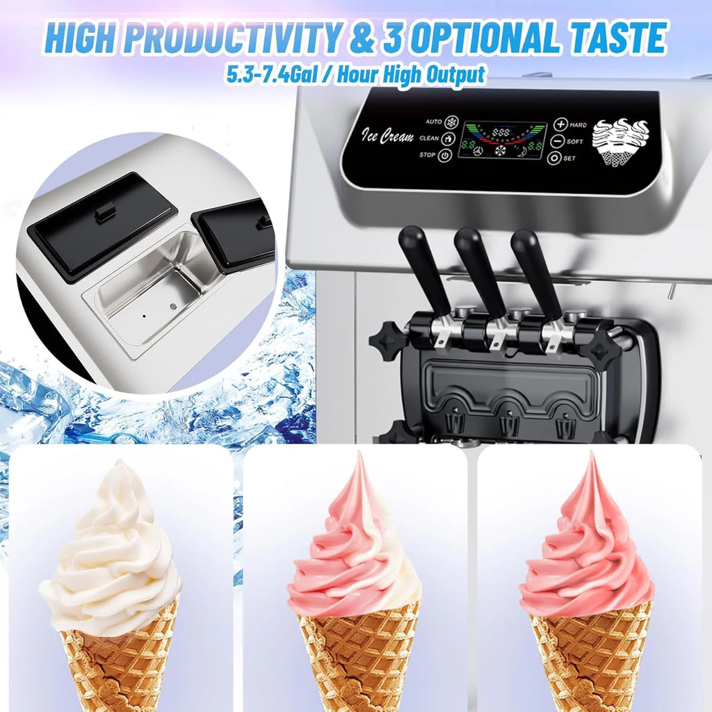 Commercial Ice Cream Maker, 3 Flavors, 20-28L/H Yield, LCD Panel, Auto Clean, 2200W Countertop Soft Serve Machine w/ 2x7L Hopper, Frozen Yogurt Maker for Restaurant Snack Bar