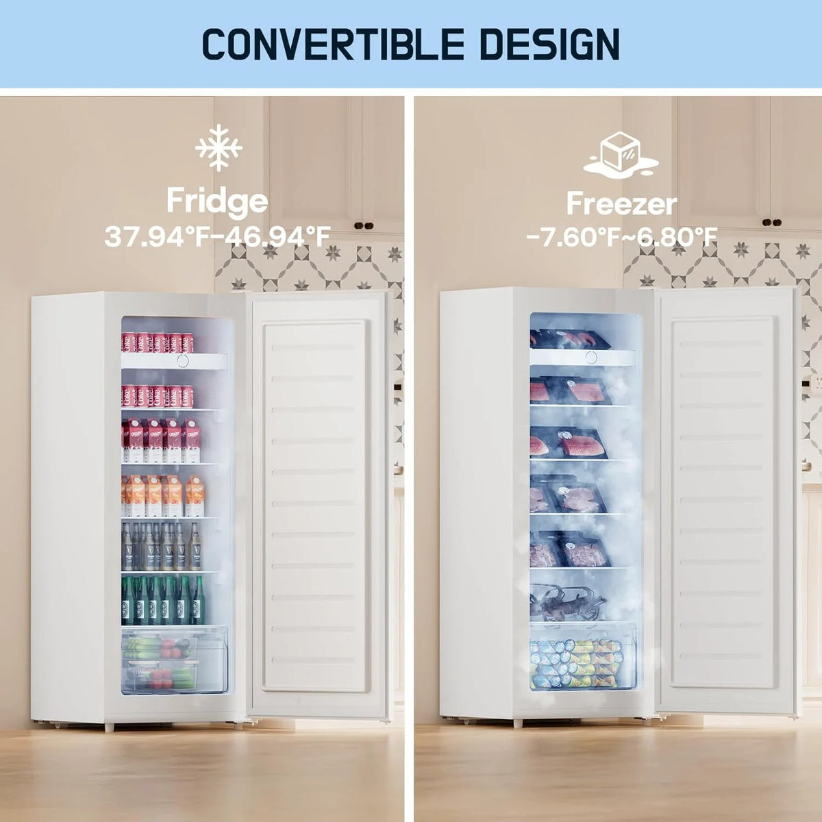 Upstreman 7.0 Cu.Ft Upright Freezer Convertible Fridge/Freezer, Garage Ready Deep Freezer with Reversible Door, UP70 White