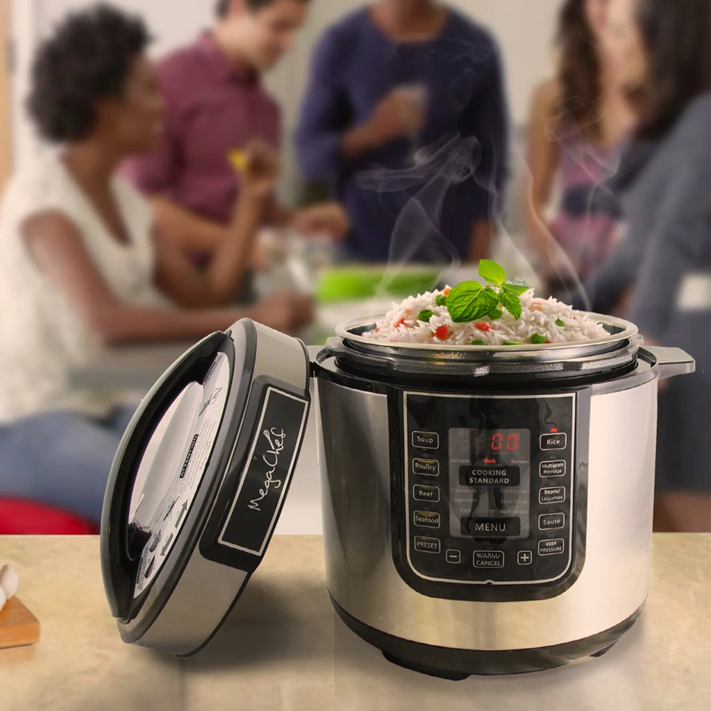 MegaChef 6 Quart Electric Pressure Cooker with 14 Pre-Set Multi-Function Features & Stainless Steel Pot