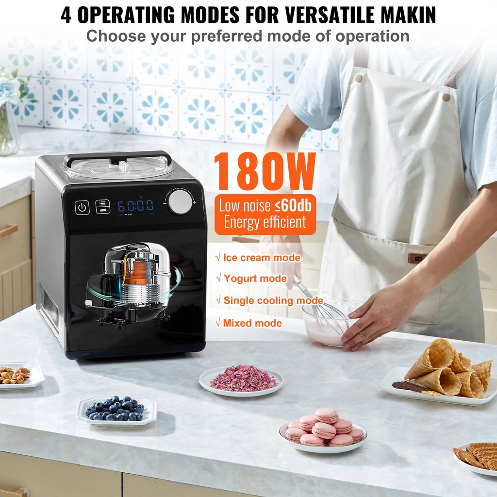 KFFKFF Vertical Ice Cream Machine with Integrated Compressor, 2 Quart Instant Fruit Yogurt Device, Stainless Steel Electronic Sorbet Creator, 4 Function Gelato Producer with Digital Screen & Timer