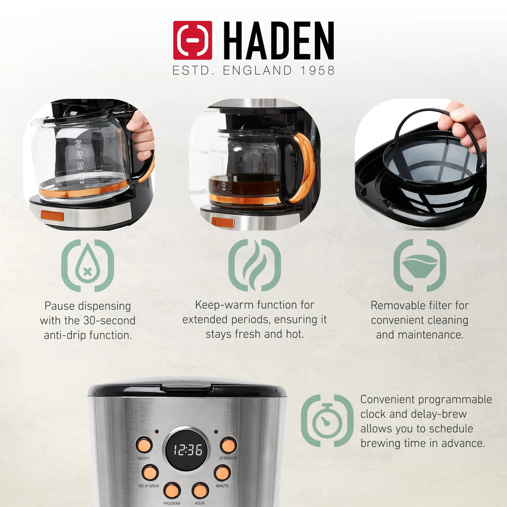 Haden Coffee Maker & Heritage 1.7 Liter Electric Kettle, Black & Chrome