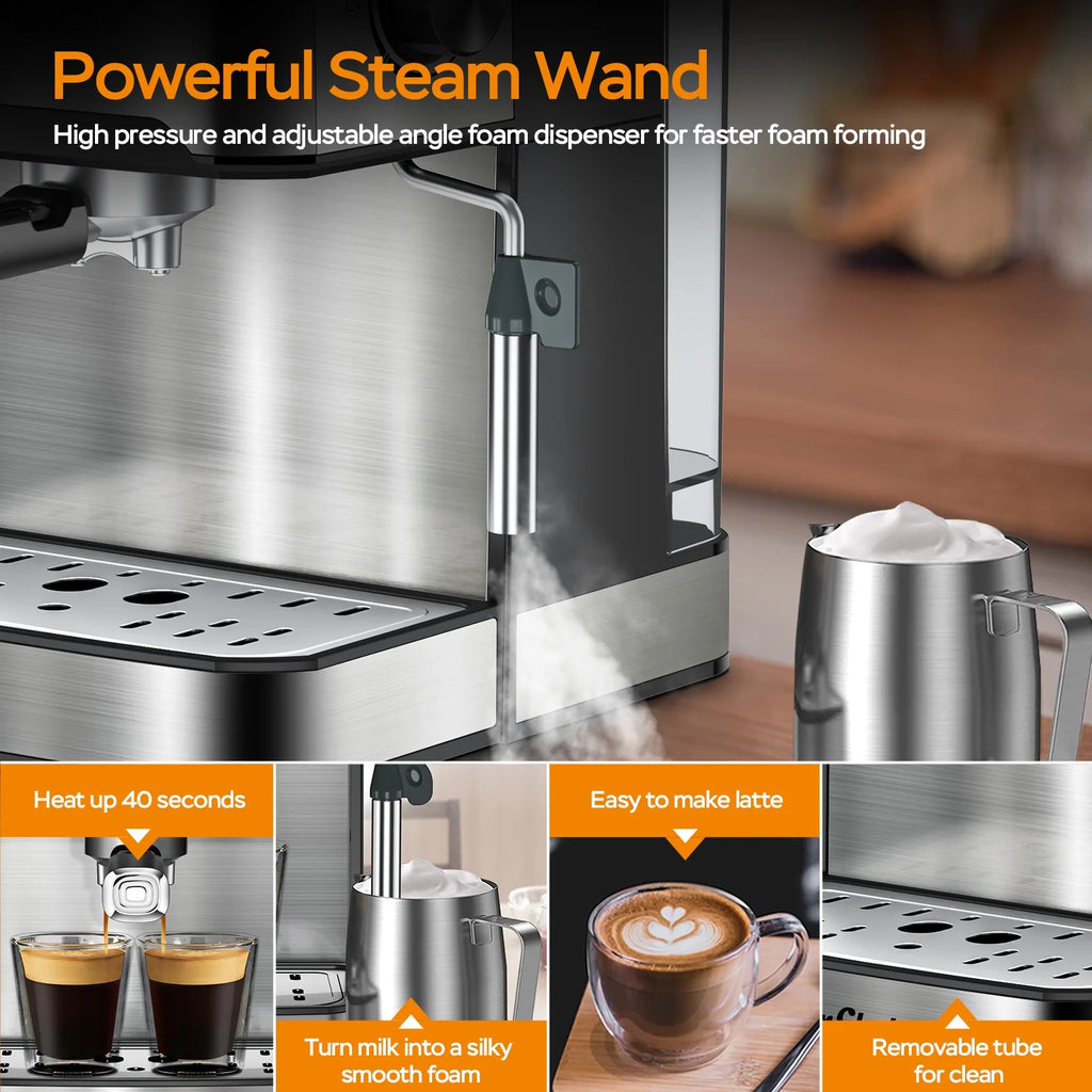 20 Bar Espresso Machine with Milk Frother, Single & Double Shot, ESE Pod Compatible, Removable Water Tank for Cappuccino, Latte, & Machiato for Home Barista