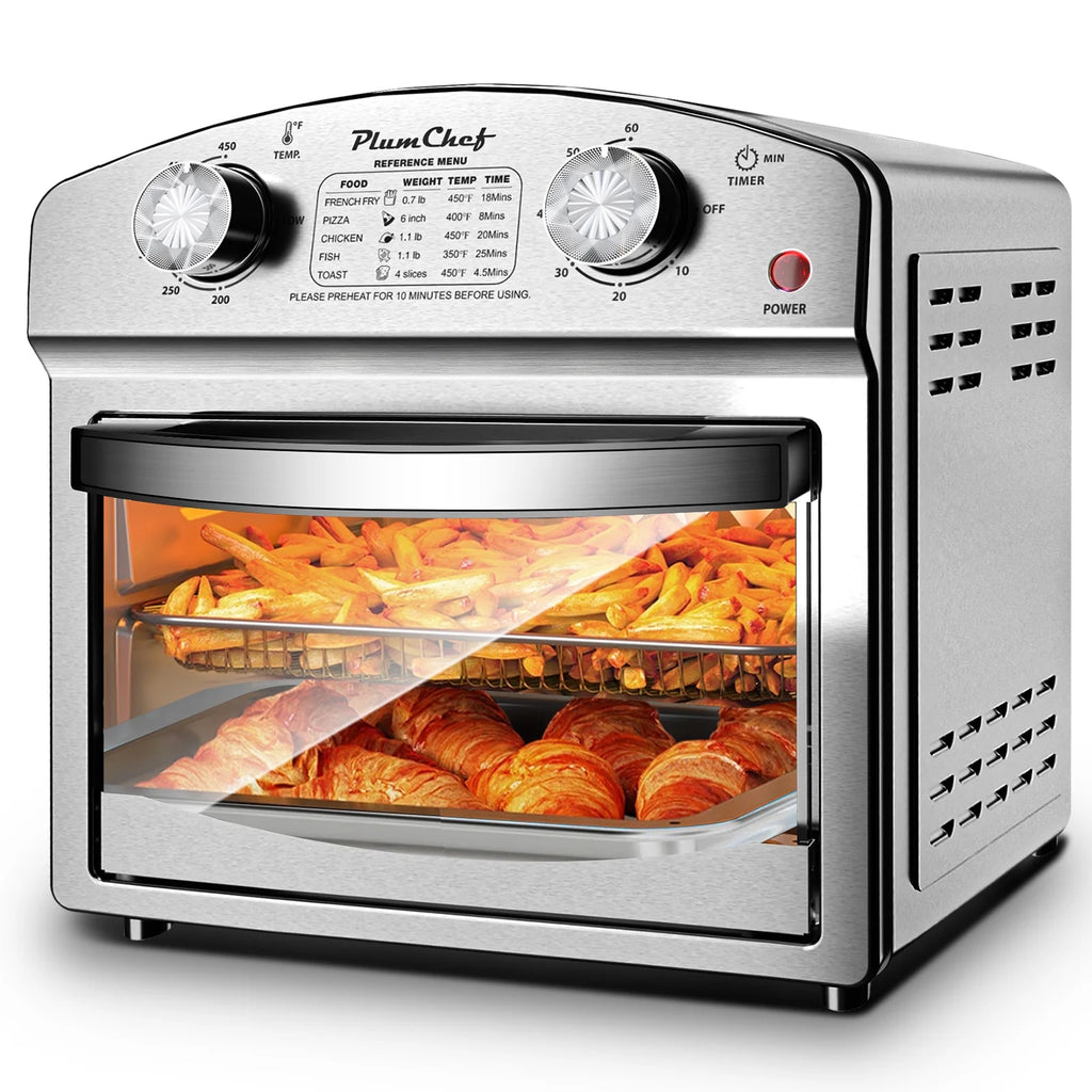 Plum Chef 13QT Air Fryer, 4-Slice Air Fryer Toaster Oven, Space Saving, Visible Window, Oil Free, 1500W, Stainless Steel, Silver