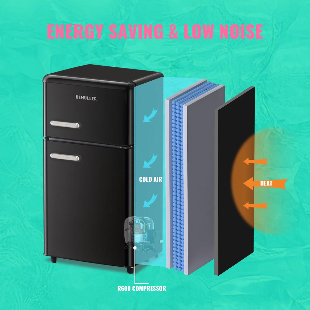 DEMULLER 3.5 Cu. ft Mini Fridge Double Door  Refrigerator  7 Adjustable Temperature Control Black