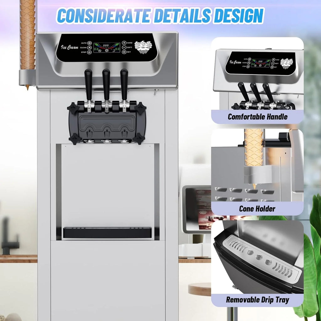 2200W Commercial Soft Ice Cream Machine 3 Flavors Clean Led Panel Perfect for Restaurants Snack Bar Supermarkets