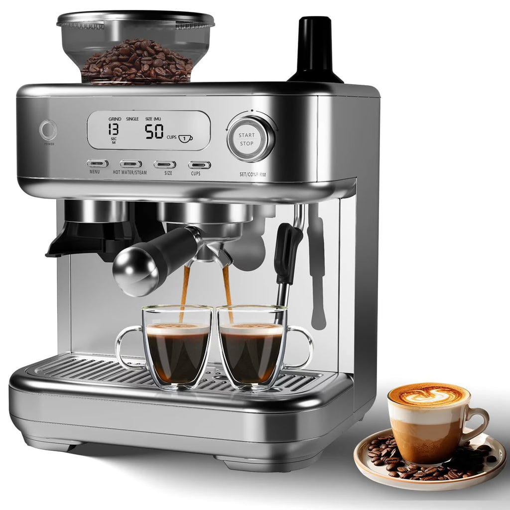 Espresso Machine with Built-in Grinder,Italian ULKA 15 Bar Espresso Machine - 85oz Water Tank, Dual PID Control, Milk Frother & Auto-Cleaning for Perfect Lattes and Cappuccinos