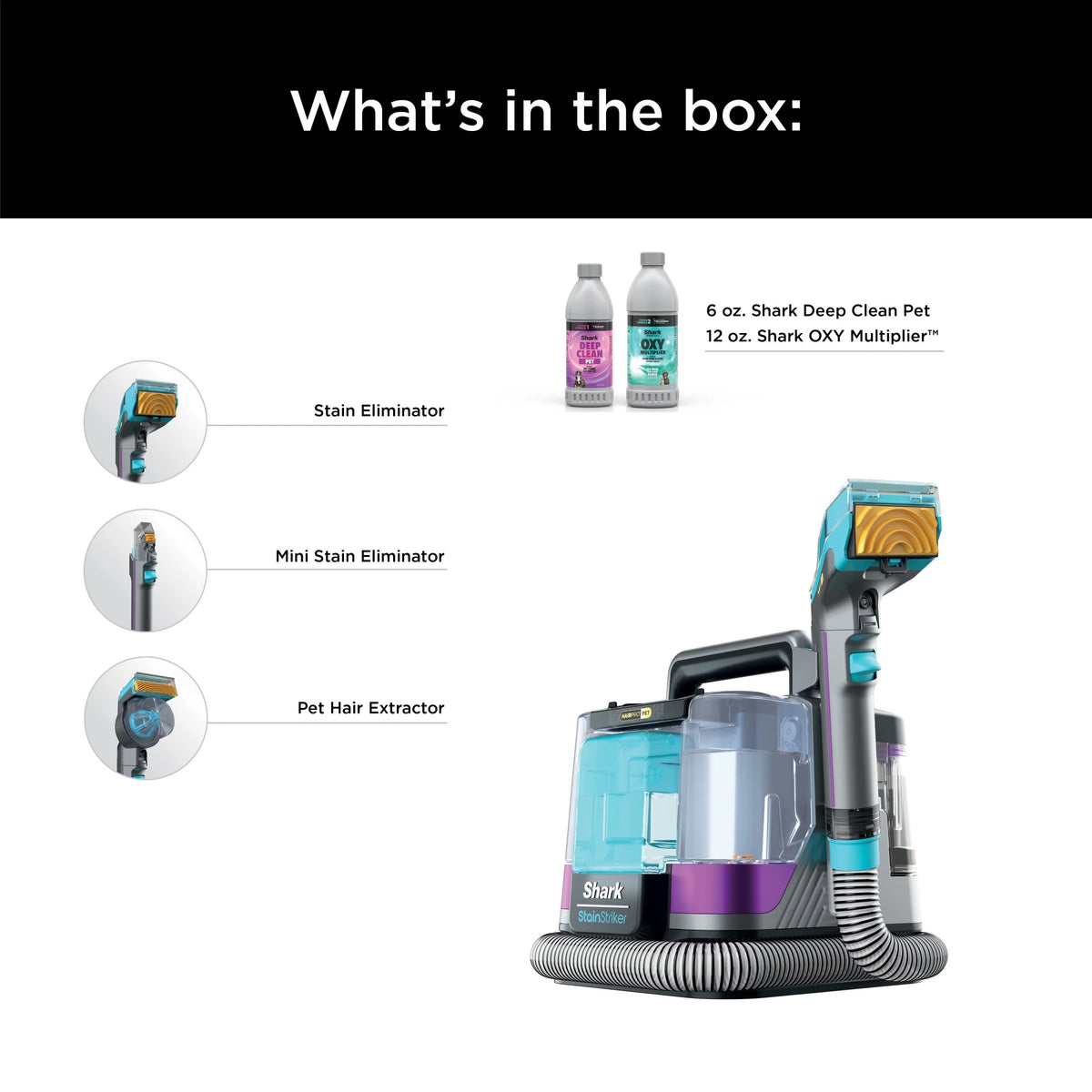 Shark StainStriker HairPro Carpet and Upholstery Cleaner, Portable with 3 Tools, 6oz Deep Clean Pro Formula and 12oz OXY Multiplier Formula, PX250 Dark Silver/Fuchsia