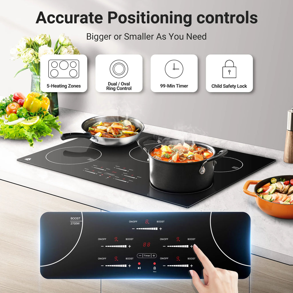 Sunmaki 30-Inch Electric Cooktop, 5-Burner Built-in Ceramic Glass Stove Top with Touch Control, 10600W