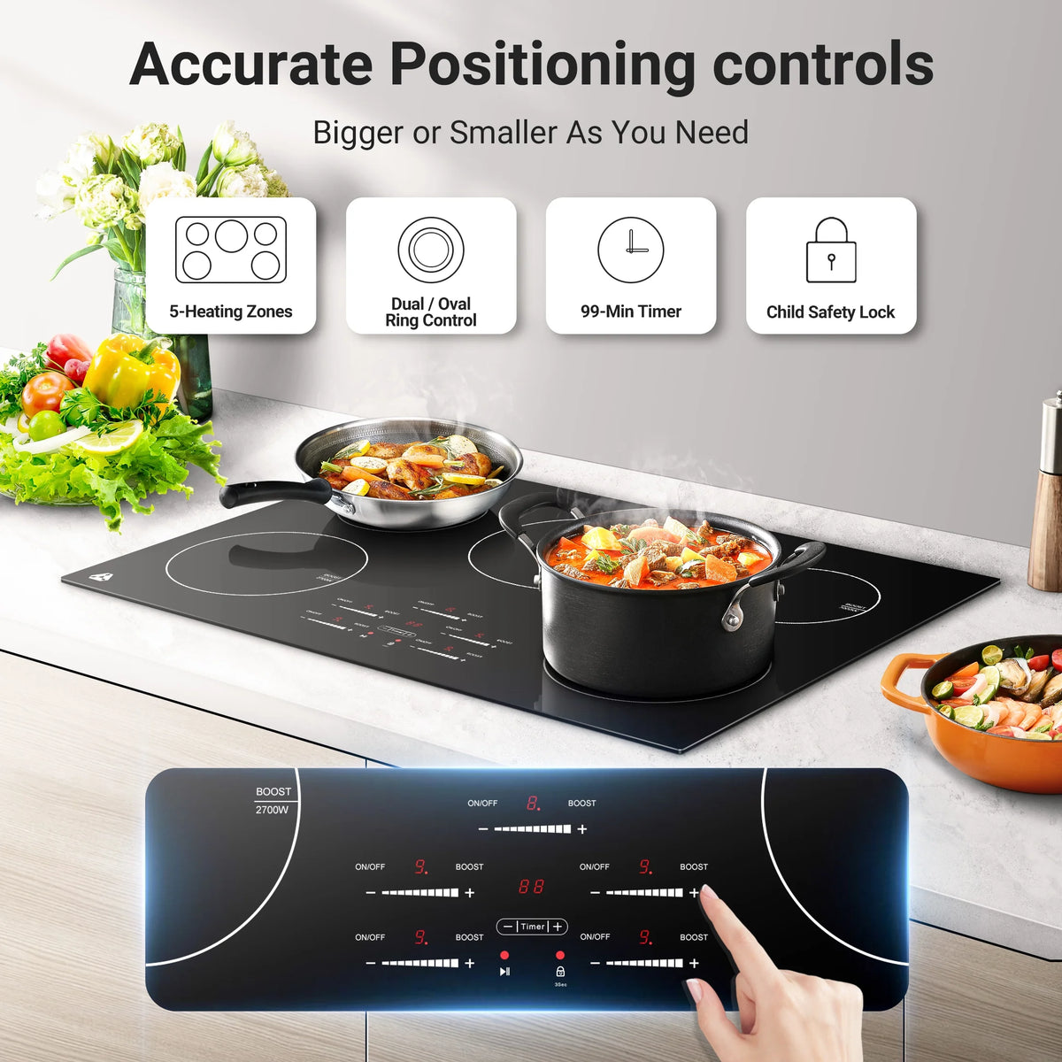 Sunmaki 30-Inch Electric Cooktop, 5-Burner Built-in Ceramic Glass Stove Top with Touch Control, 10600W