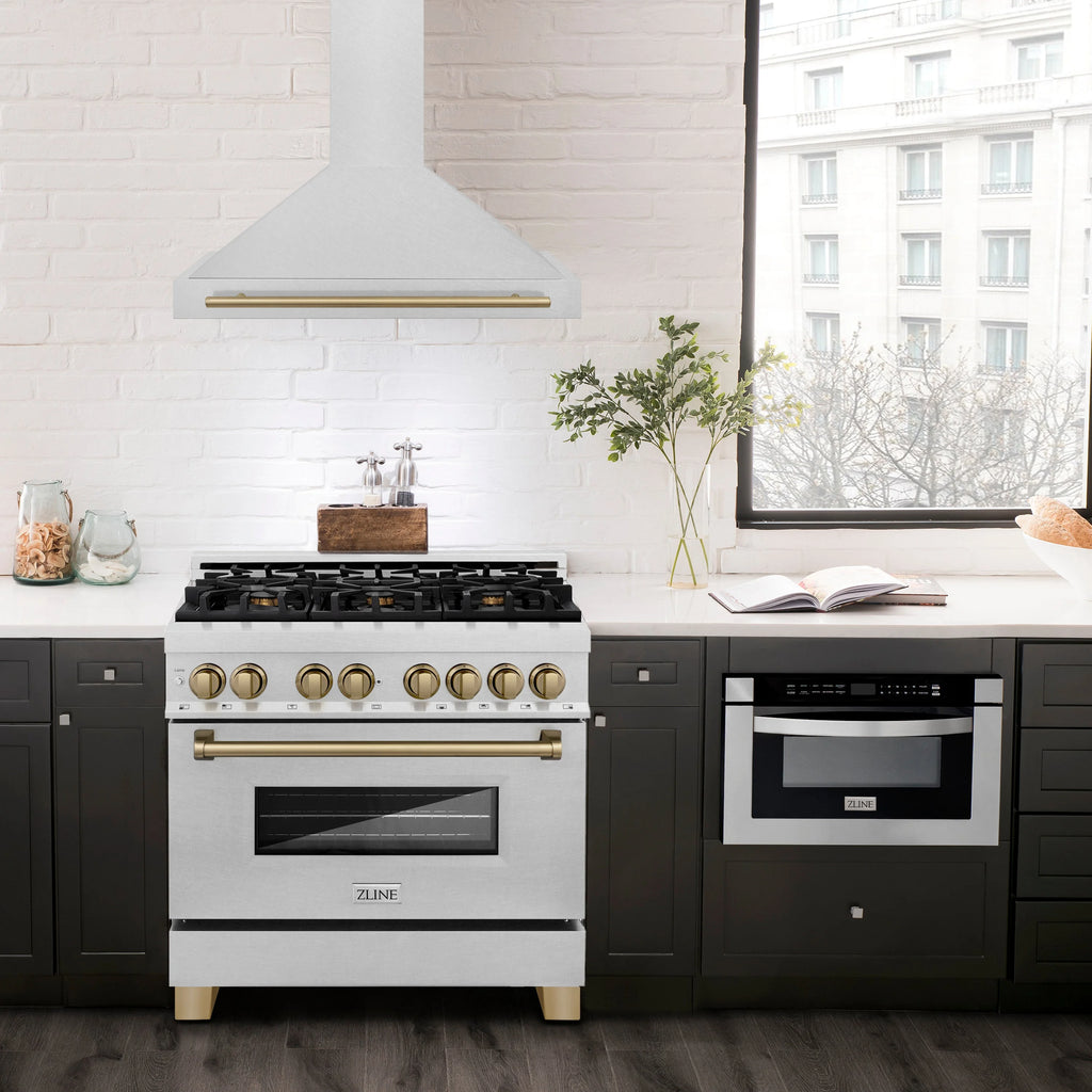 ZLINE 36 ZLINE Autograph Edition DuraSnow Stainless Steel Range Hood with DuraSnow and Gold Handle (KB4SNZ-36-G)