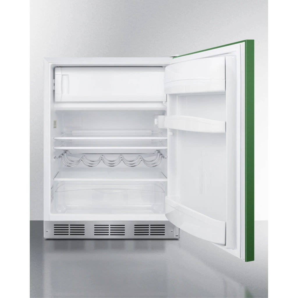ADA height 24" refrigerator-freezer for residential use with emerald green door, stainless steel handle, and white cabinet