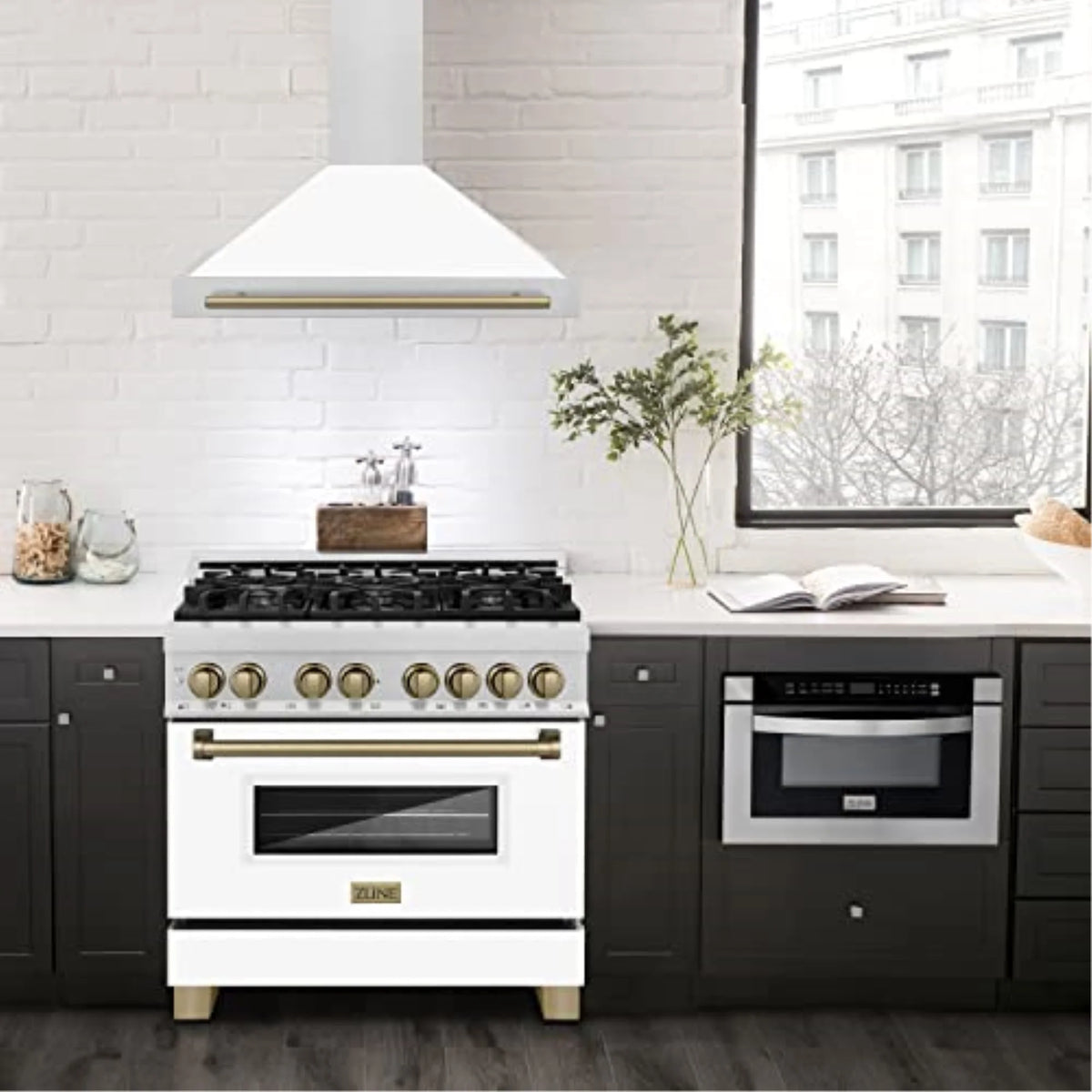 ZLINE 36" Autograph Edition DuraSnow Stainless Steel Range Hood with White Matte Shell and Gold Handle
