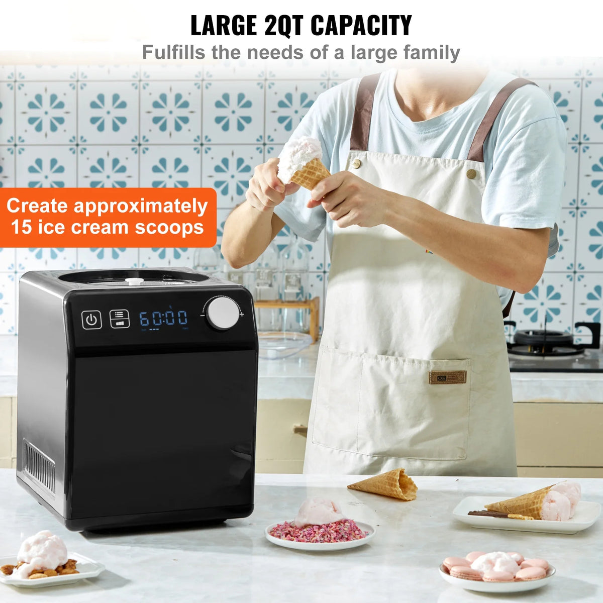 KFFKFF Vertical Ice Cream Machine with Integrated Compressor, 2 Quart Instant Fruit Yogurt Device, Stainless Steel Electronic Sorbet Creator, 4 Function Gelato Producer with Digital Screen & Timer