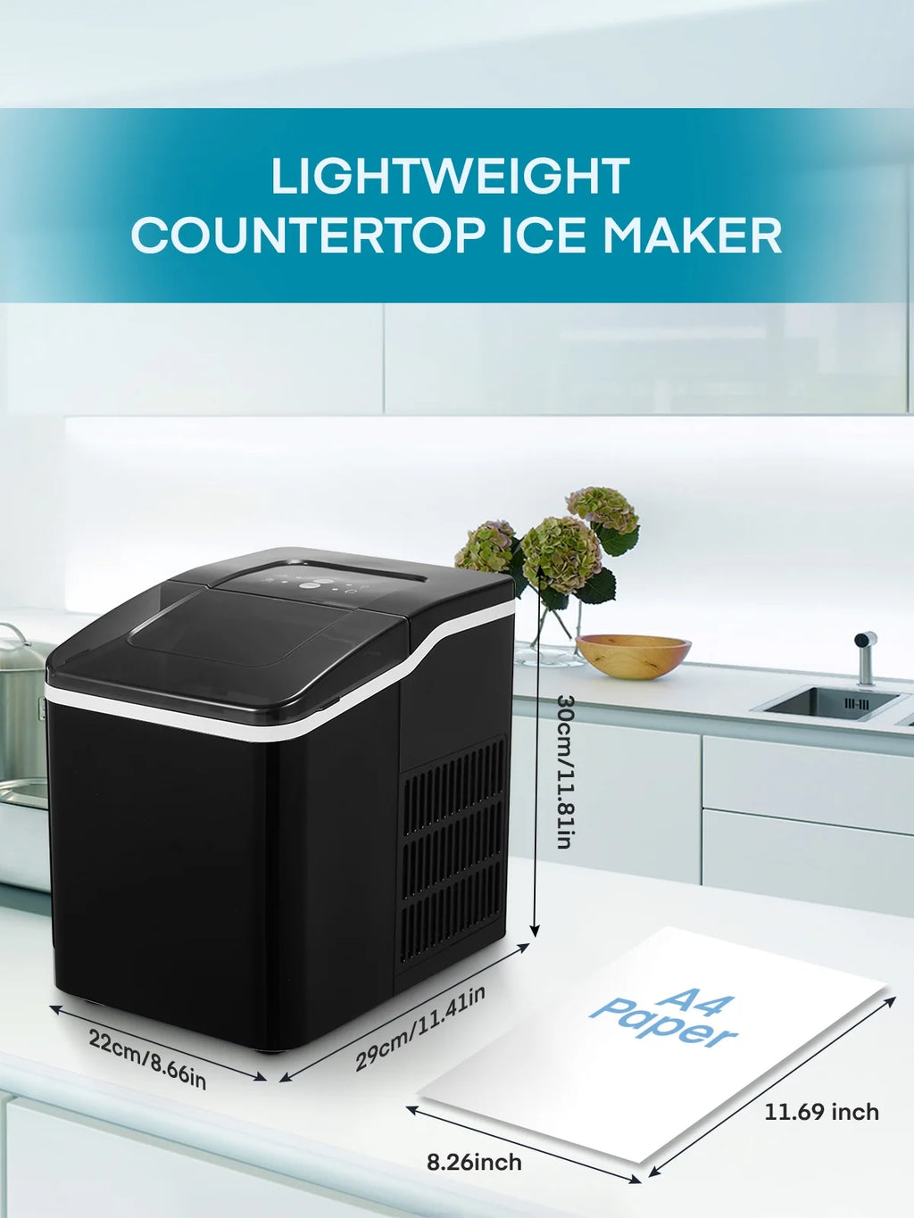 Ice Maker Countertop 2 Ice Sizes, 30 lbs Bullet Ice in 24H, Self-Clean, 9 Cubes in 5 Mins, FOHERE