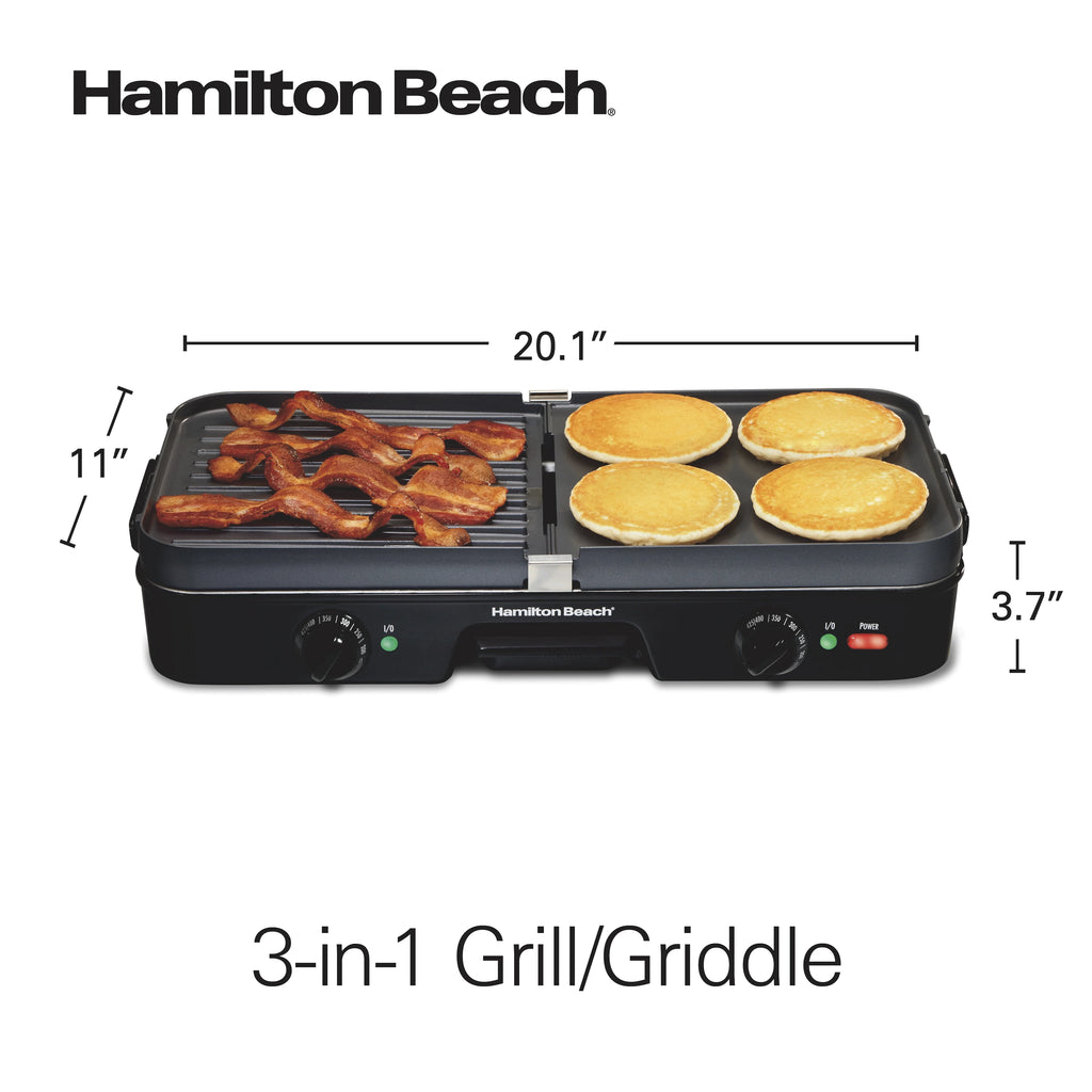 Hamilton Beach 3-in-1 Electric Griddle and Indoor Grill, Nonstick, Black
