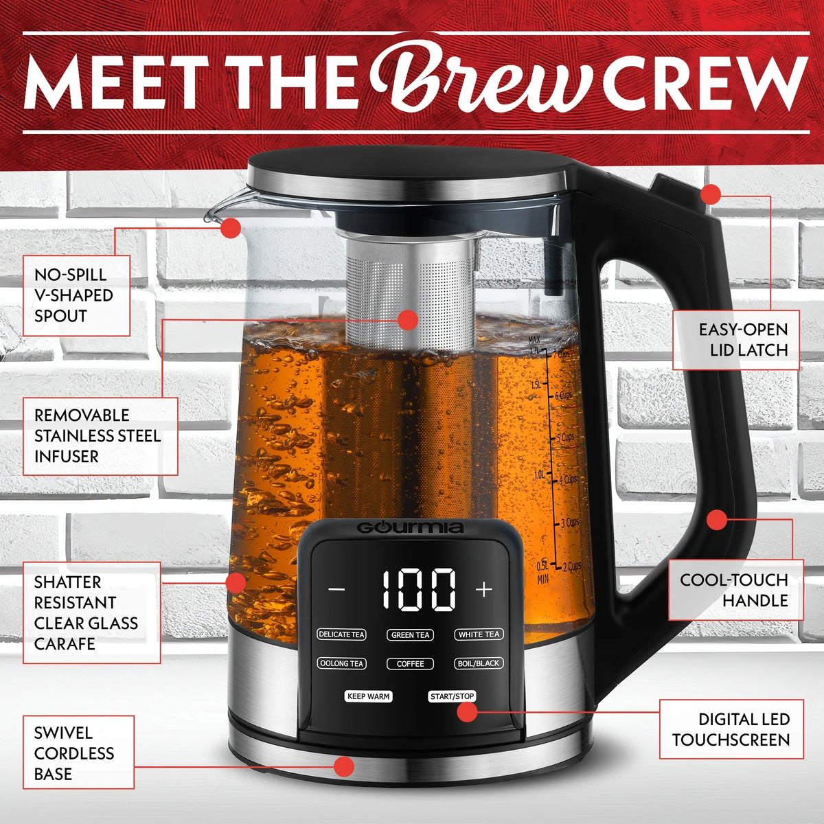 Gourmia 1.7L Programable Glass Kettle with Touch Display, Infuser, Black