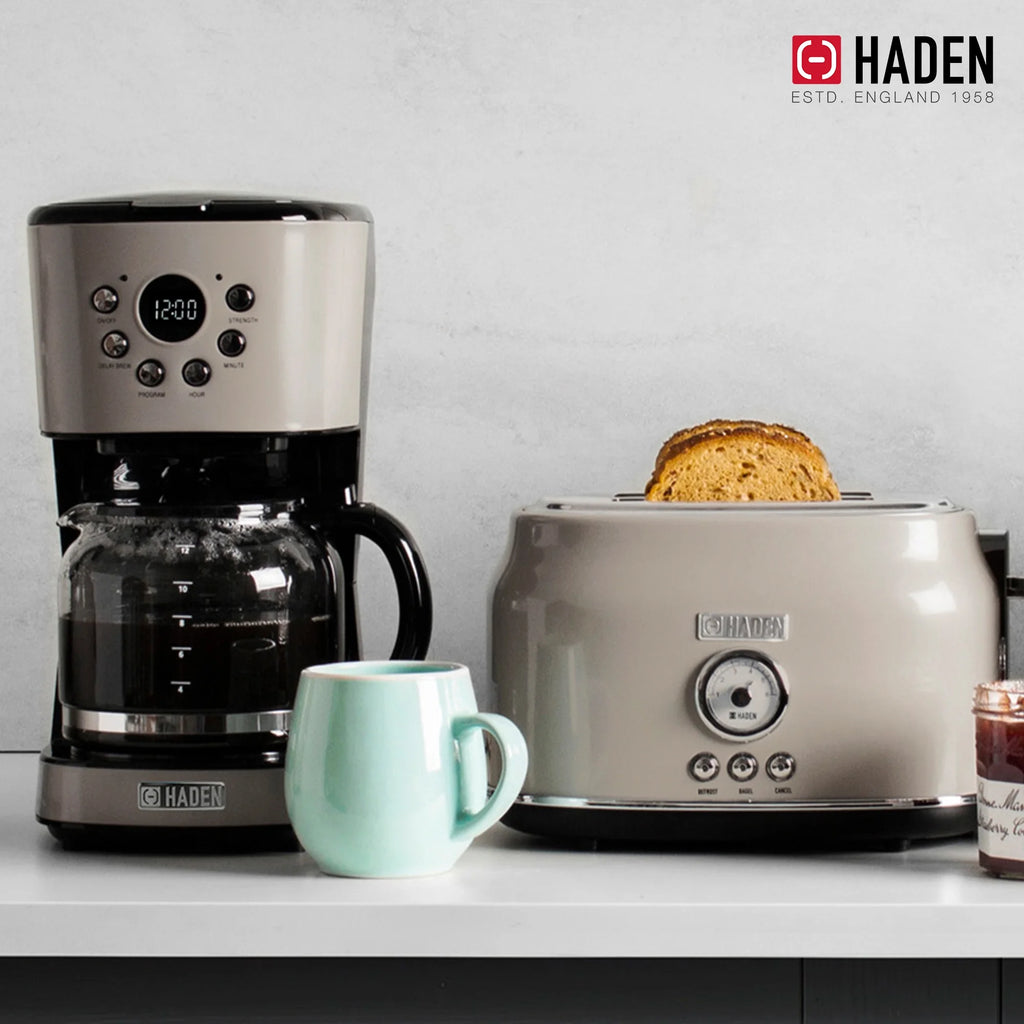 Haden 12 Cup Coffee Maker with 2 Slice Stainless Steel Bread Toaster, White