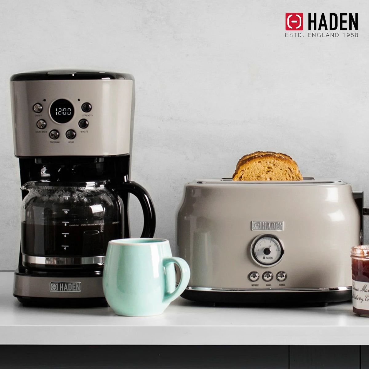 Haden 12 Cup Coffee Maker with 2 Slice Stainless Steel Bread Toaster, White