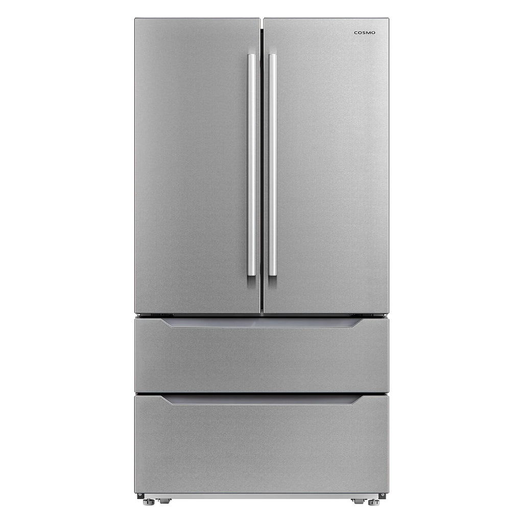 Cosmo 5 Piece Kitchen Appliance Package with 36" Freestanding Gas Range 36" Island Range Hood 24" Built-in Fully Integrated Dishwasher French Door Refrigerator & 48 Bottle Wine Refrigerator