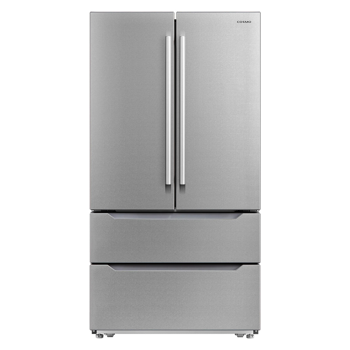 Cosmo 4 Piece Kitchen Appliance Package with 36" Freestanding Dual Fuel Range 36" Island Range Hood 24" Built-in Integrated Dishwasher & French Door Refrigerator Kitchen Appliance Bundles