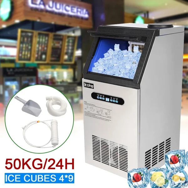 ZK-110 Commercial Ice Maker Machine - 120V 110lbs/24h Stainless Steel with Transparent Lid, 4x9 Aluminum Tray for Restaurants, Bars, Hotels (Silver)