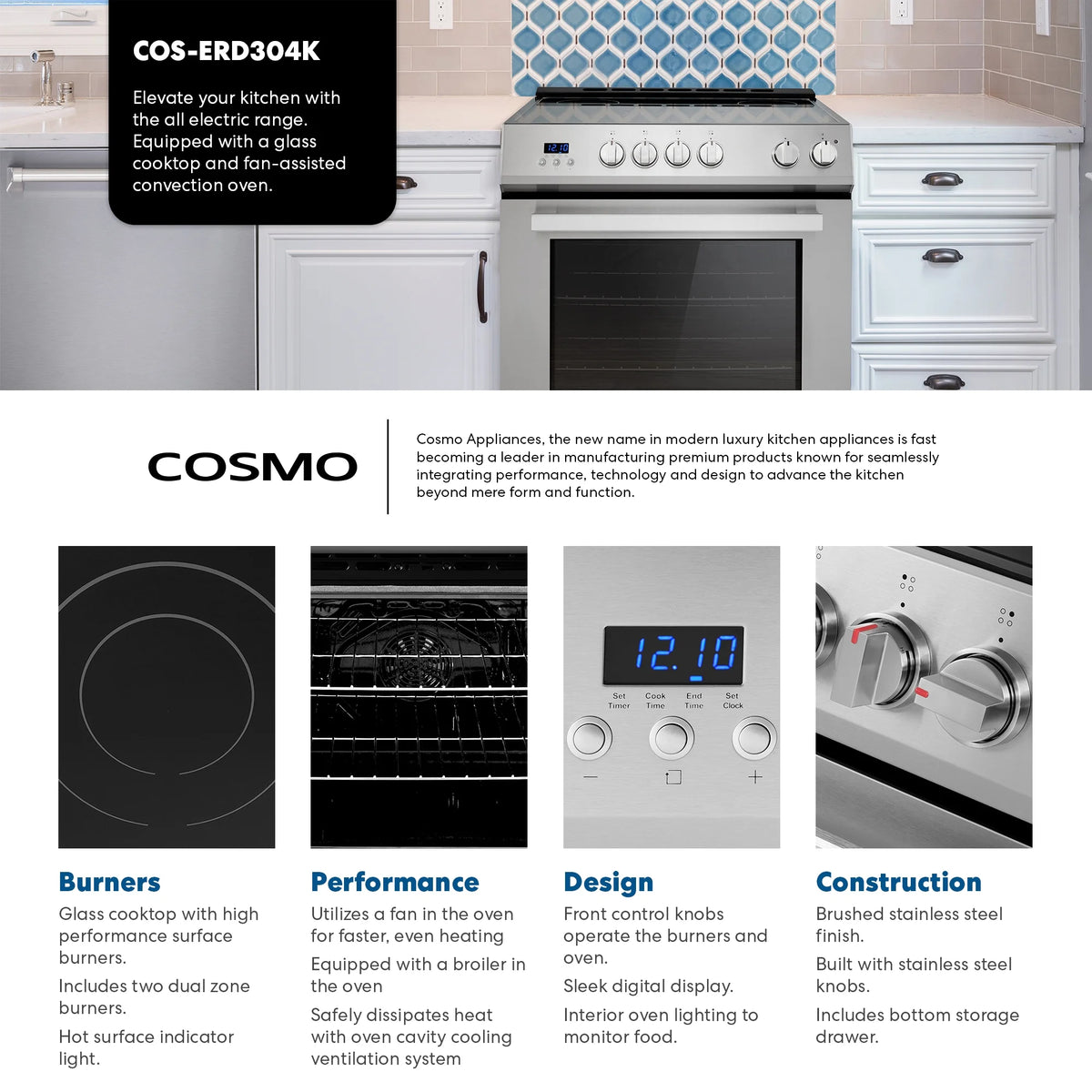 Cosmo 30 in. Stellar Collection 5.0 cu. ft. Electric Range with 4 Burner Glass Cooktop and Convection Oven in Stainless Steel