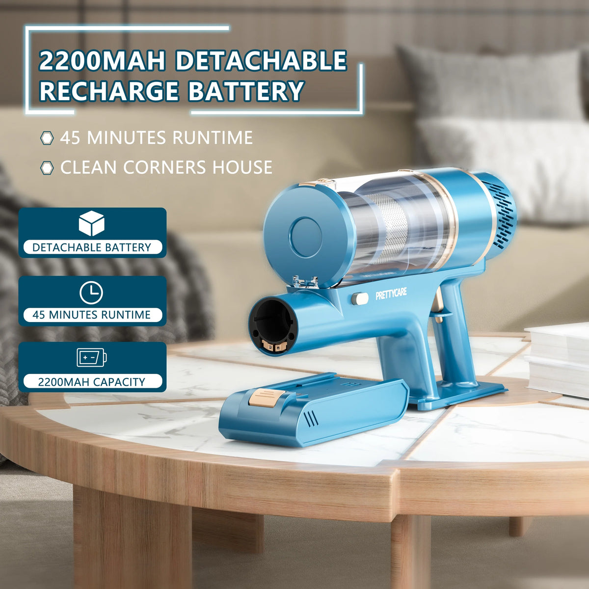 PrettyCare Cordless Vacuum Cleaner Lightweight Stick Vacuum 38kPa with 45min Runtime for Carpet Hard Floors Cleaner Pet Hair P2