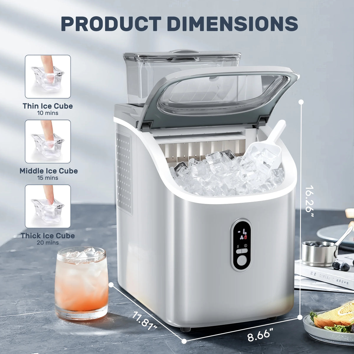 Auseo 45lbs/24H Ice Maker Countertop, 1.5+0.5L Large Water Tank, Cube Ice, Self-Cleaning,  24H Timer, Customizable Ice Making Time, Black