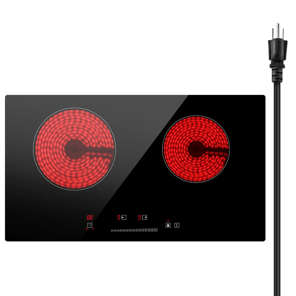 KFFKFF 24" Electric Cooktop, 2 Burner Built-in Ceramic Cooktop1800W with Touch Controls, Glass Panel, Timer, Safety Lock, 9 Temperature Settings, Heat Warning Light, 120V
