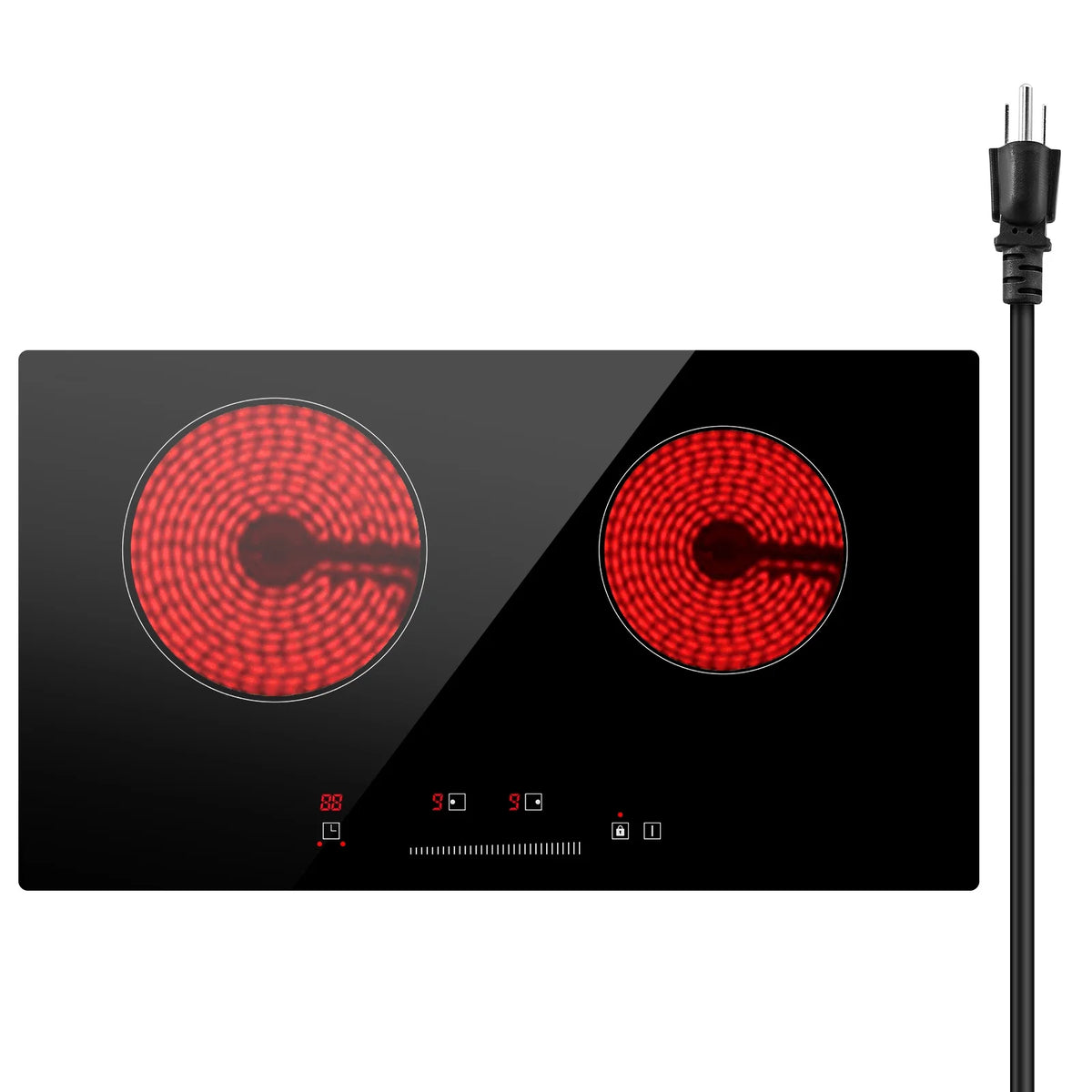 KFFKFF 24" Electric Cooktop, 2 Burner Built-in Ceramic Cooktop1800W with Touch Controls, Glass Panel, Timer, Safety Lock, 9 Temperature Settings, Heat Warning Light, 120V