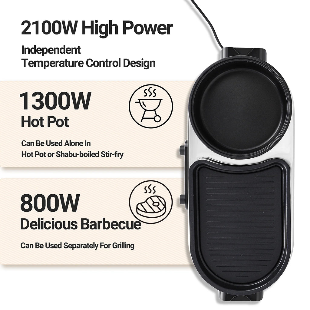 ZXMT 2 in 1 Electric Hot Pot with Grill Combo 2100W Indoor Griddle Dual Temperature Control Non-Stick Korean BBQ Shabu Pan