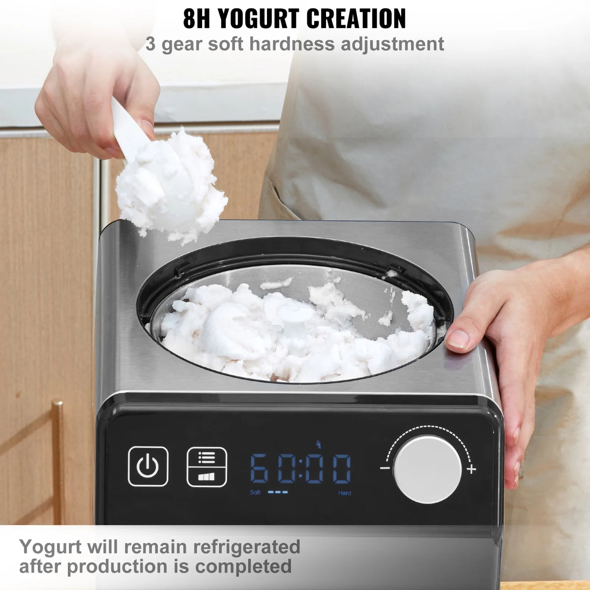 KFFKFF Vertical Ice Cream Machine with Integrated Compressor, 2 Quart Instant Fruit Yogurt Device, Stainless Steel Electronic Sorbet Creator, 4 Function Gelato Producer with Digital Screen & Timer