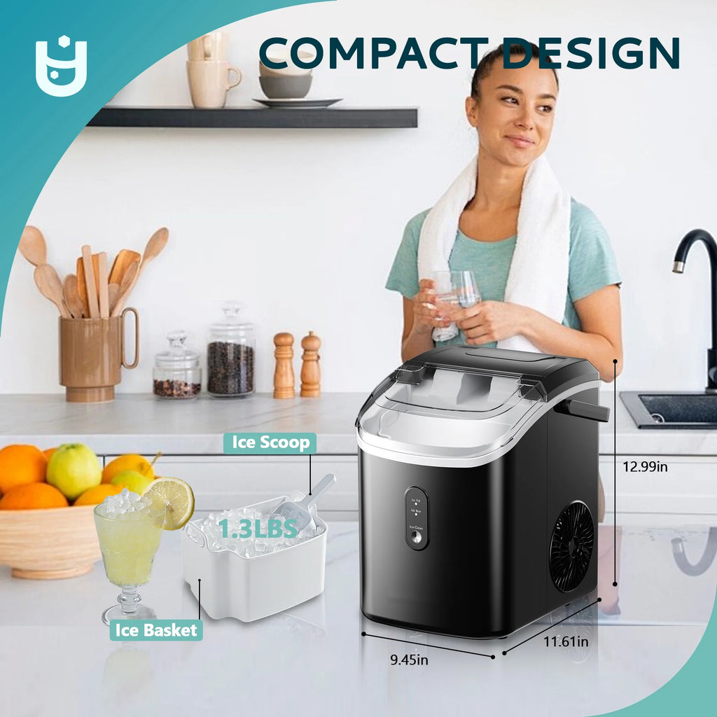 EUHOMY Nugget Ice Maker Countertop with Handle, Ready in 6 Mins, 34.5 lbs Per Day, Removable Top Cover, Auto-Cleaning, Black