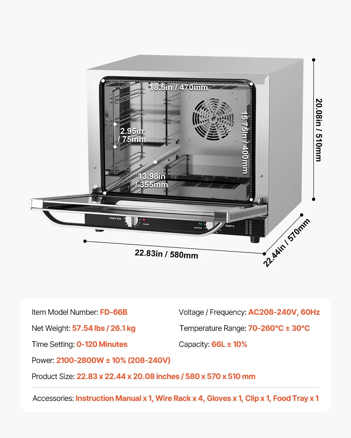 KFFKFF Professional Counter-Top Oven, 66L 4-Level Roasting Oven, 2800W Electrical Cooking Oven with Reinforced Glass Door, Wire Shelves, Clip Tray, Gloves, Stainless Steel Industrial Oven