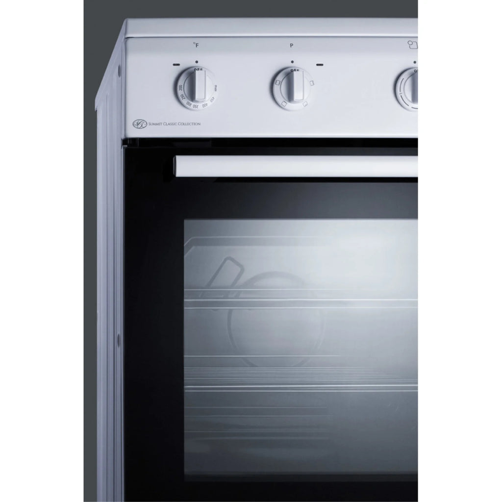 24" wide smooth top electric range in slide-in style and white finish, with storage drawer and large oven window in black glass