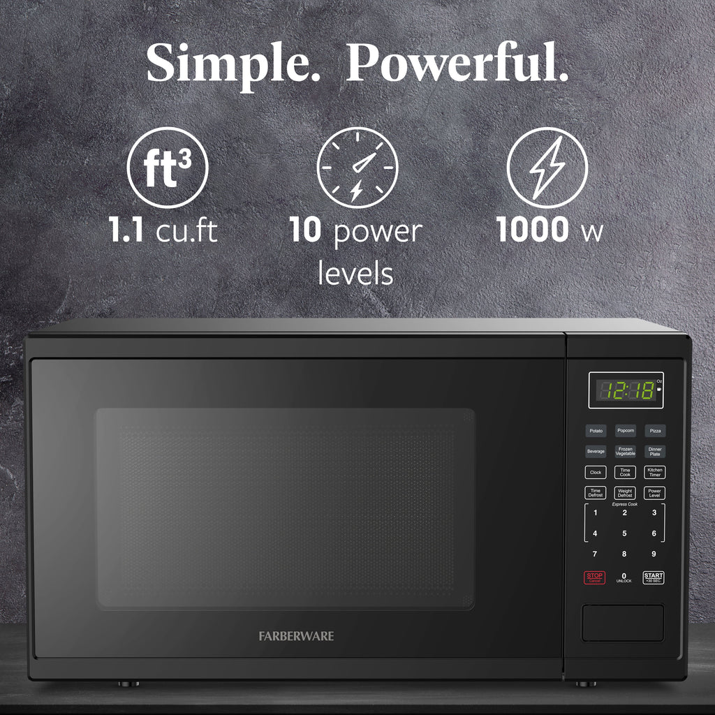 Farberware Countertop Microwave Ov 1100 Watts, 2.2 cu ft - Smart Sensor With LED Lighting and Child Lock - Perfect for Apartments and Dorms - Easy Clean Black Interior, Stainless Steel
