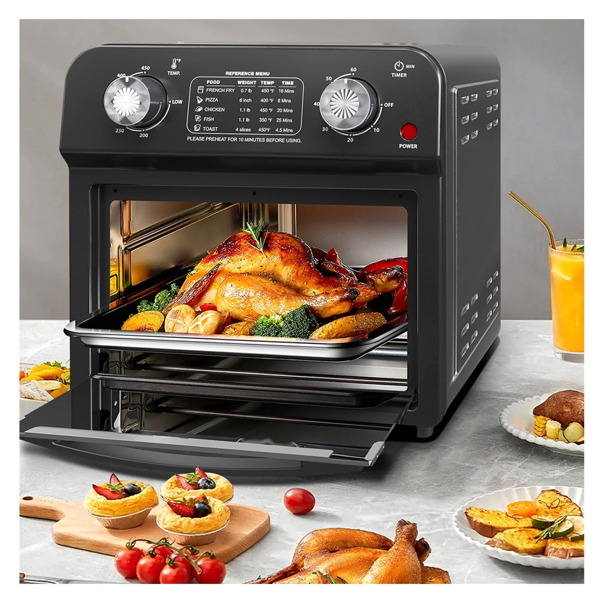 12.5 Quart 7-in-1 Convection Toaster Oven, 1500W, 5 Pre-set Menus, Roast, Bake, Grill, Broil, Toast, Dehydrate, Defrost, Stainless Steel, Black