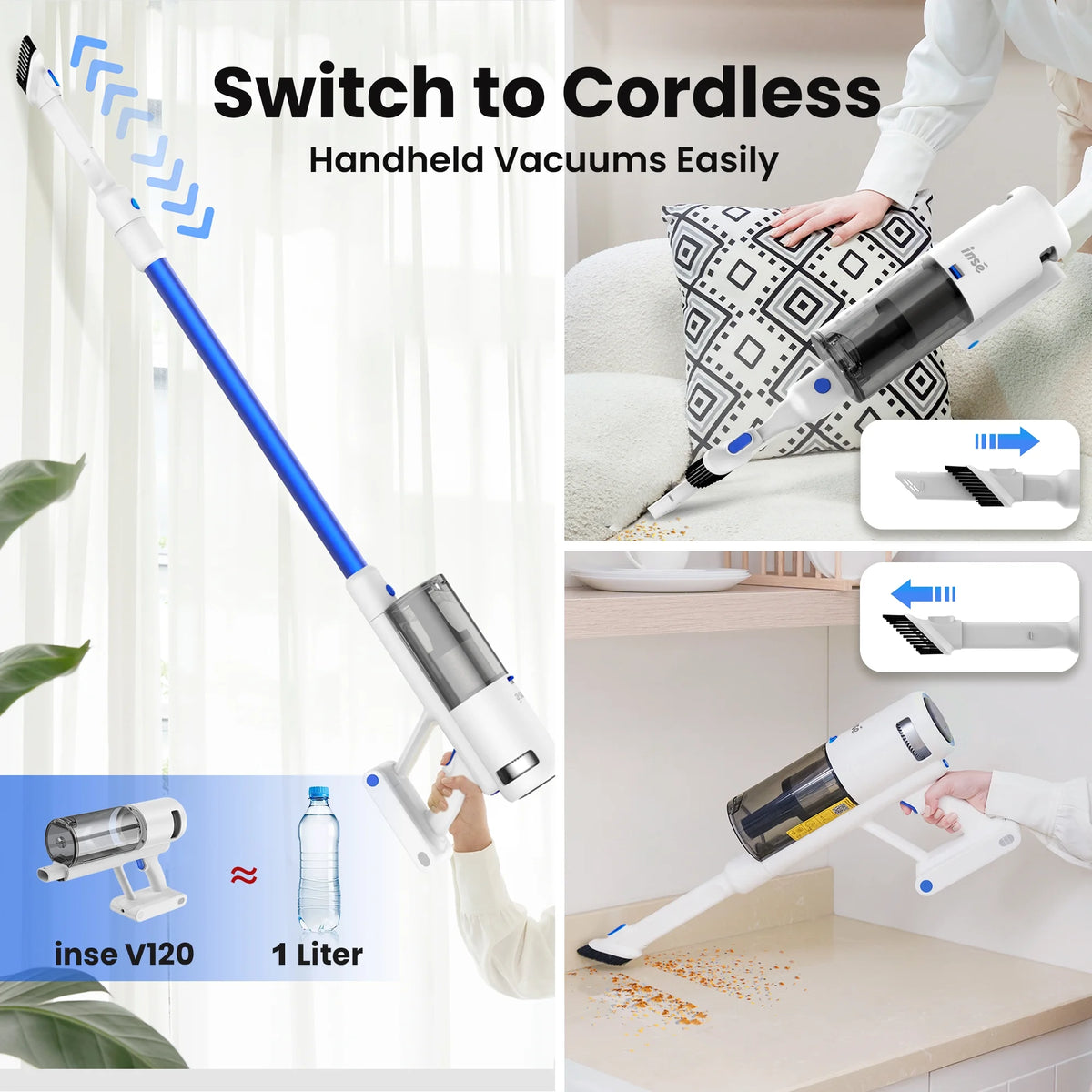 INSE Lightweight Cordless Vacuum with 30Kpa Powerful Suction & 60 Mins Runtime, Stick Vacuum  for Carpet, Tile, Pet Hair, Hardwood Floors