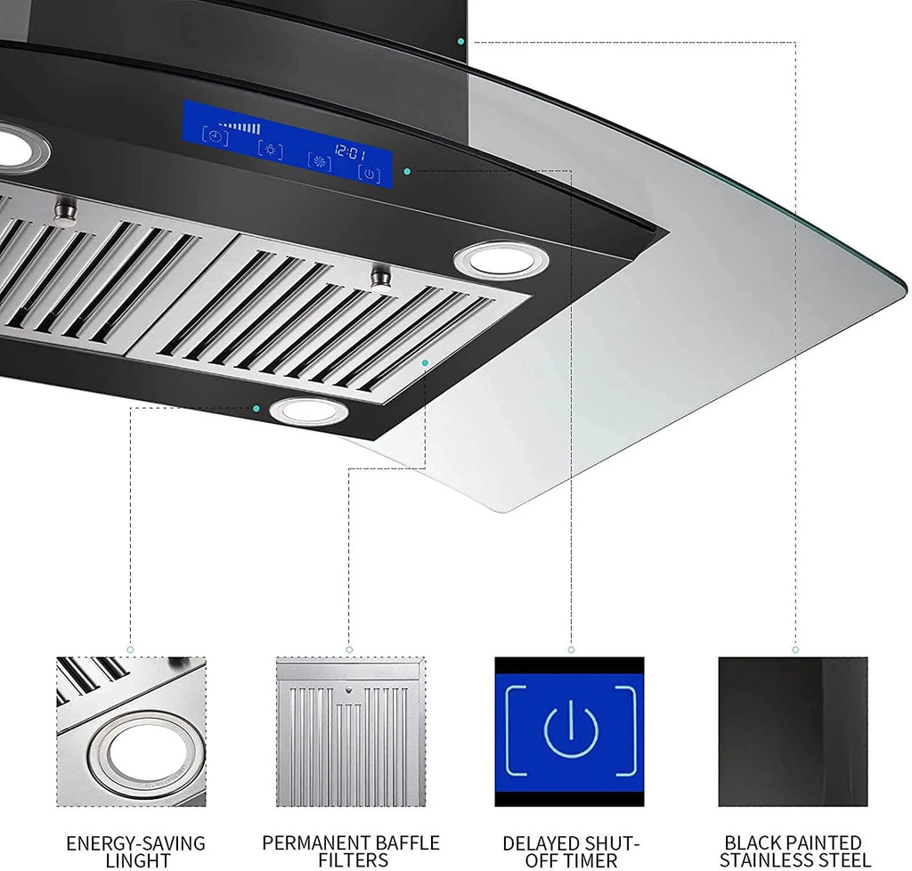 Island Mount Range Hood 36 inch Kitchen 3-Speed Extractor Fan Mesh filter Tempered Glass