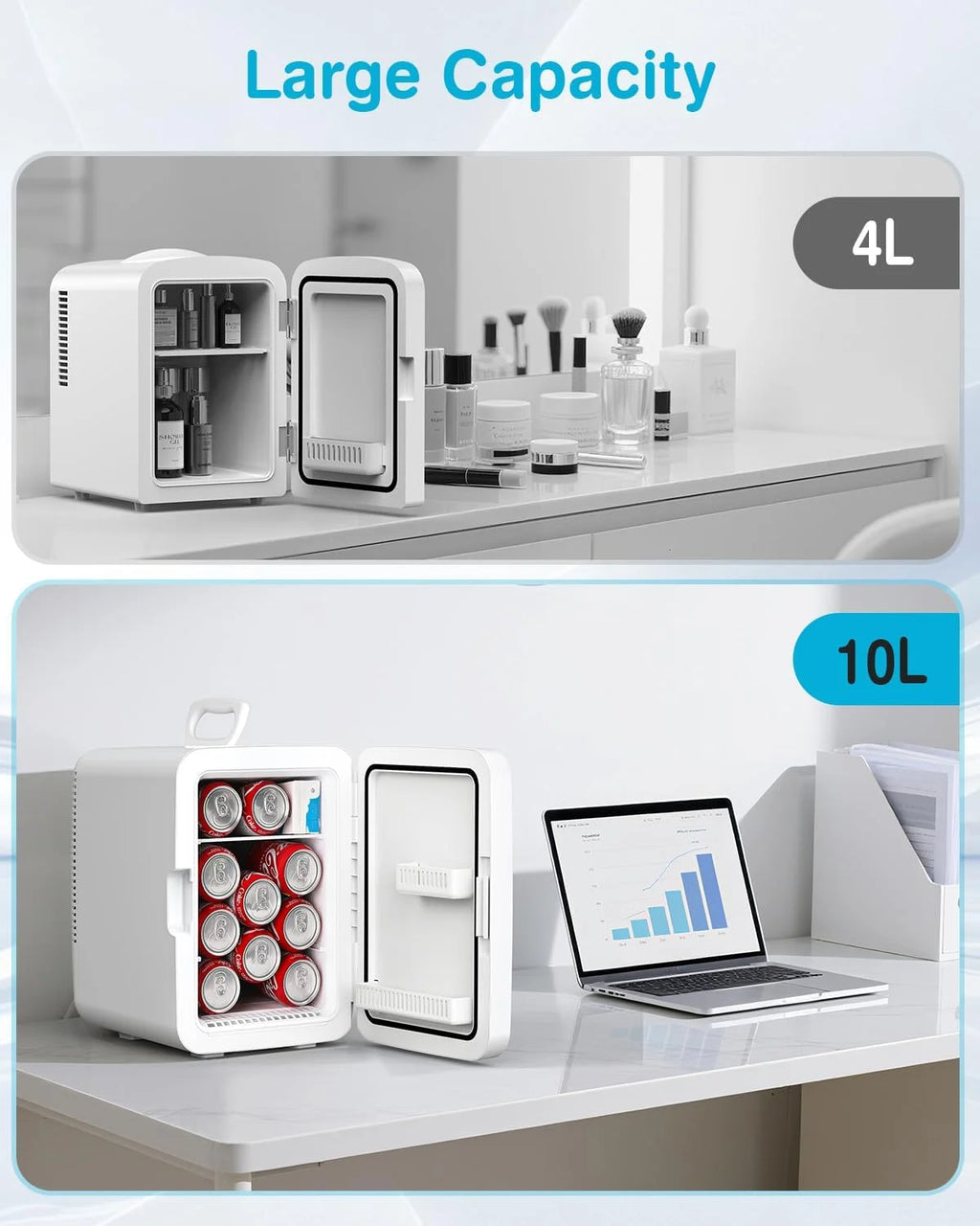 Compact Mini Fridge, 10L Portable Small Refrigerator, 2.6 Gal Mini Fridge with AC/DC Adapters, Small Cosmetics Cooler for Beverage, Food, Makeup, Bedroom, Office, Dorm,
