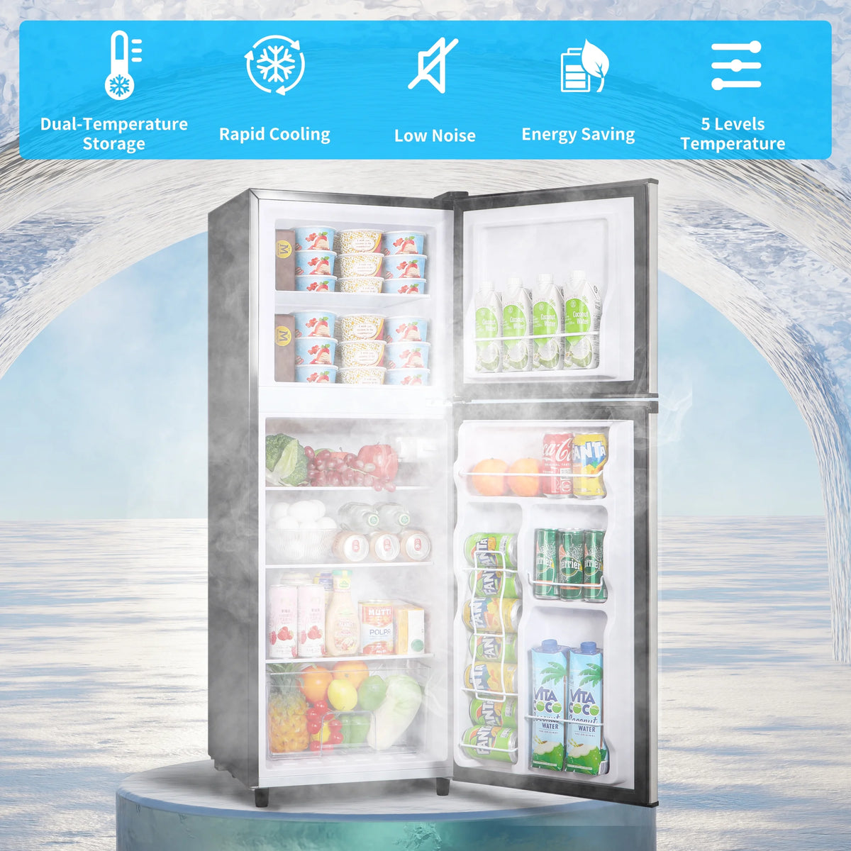 4.5 Cu. ft. Compact Refrigerator 2 Door with Freezer,5 Adjustable Thermostat & 4 Removable Glass Shelves