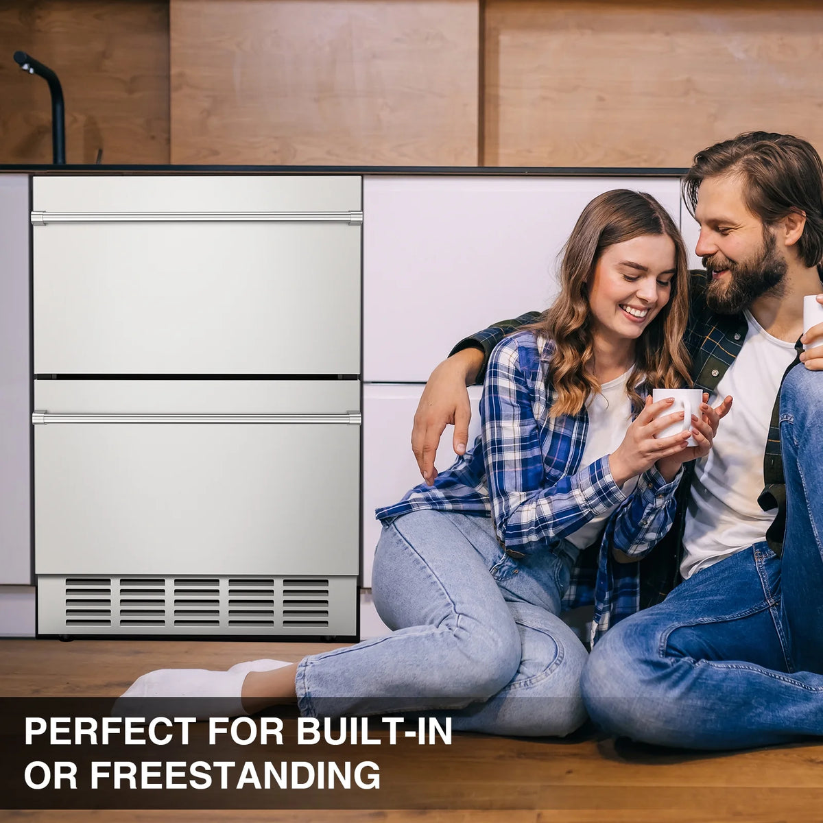 QAUSOU 24 Inch Under Counter Double Drawer Fridge, Weather Proof Stainless Steel Outdoor Beverage Refrigerator for Patio
