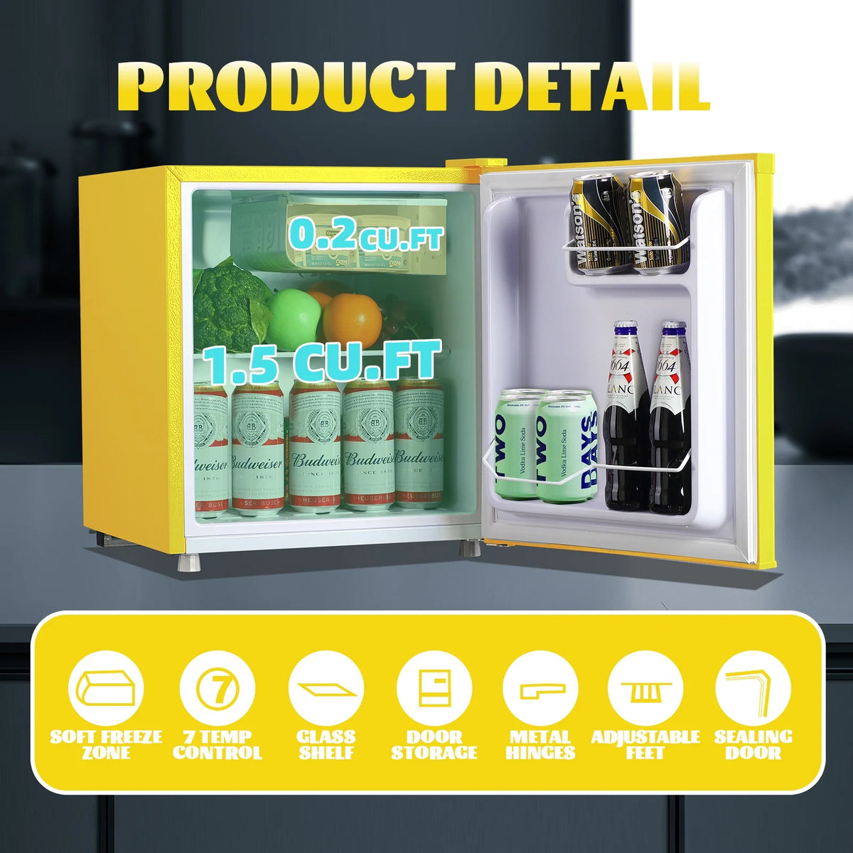 WANAI 1.7 Cu.Ft Mini Fridge with Freezer Single Door Retro Refrigerator for Home Dorm Apt Yellow