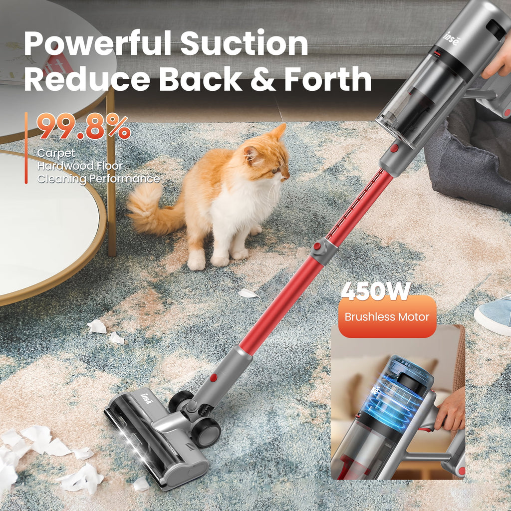 INSE Lightweight Cordless Vacuum with 30Kpa Powerful Suction & 60 Mins Runtime, Stick Vacuum  for Carpet, Tile, Pet Hair, Hardwood Floors